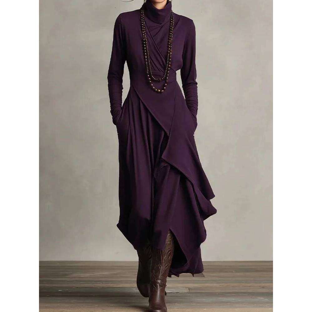 Spring Autumn Long Sleeve Solid Party Women Holiday Turtleneck Simple Irregular Dress, New Fashion Patchwork Ladies Dress C260311