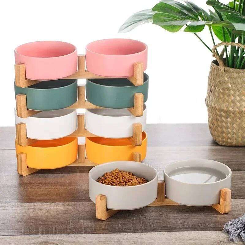 Dish With Wood Stand No Spill Ceramic Double Bowl For Dog Cat Food Water Feeder Cats Small Dogs Pet bowl 26Y0312
