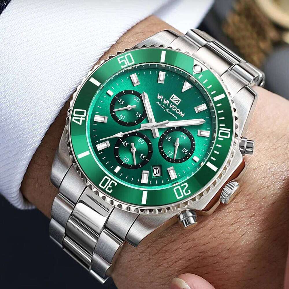 VA VOOM Brand Top 1Pc Multifunctional Fashionable Dial Green Gold Stainless Steel 3Bar Timing Watch for Men