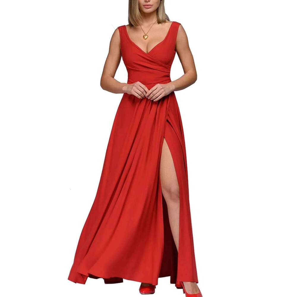 Women's 2025 Summer Solid Color Formal - Sleeveless Evening Gown with Waist Accent, Elegant Floor Length Bridesmaid Dress C260311