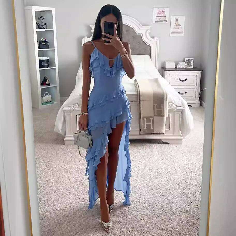 Woman Irregular Tassel Summer Trend Skinny Split Maxi Bodycon Birthday Party Clubwear Vestidos Blue Elegant Women Strap Dresses C260312