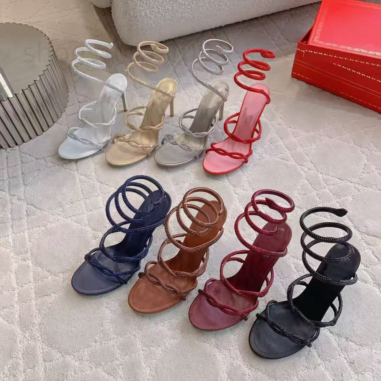 Crystal lamp stiletto Heel sandals for womens shoe rhinestone studded Snake Strass shoes Luxury Designers 9.5cm high heeled sandal With box 34-43 bag