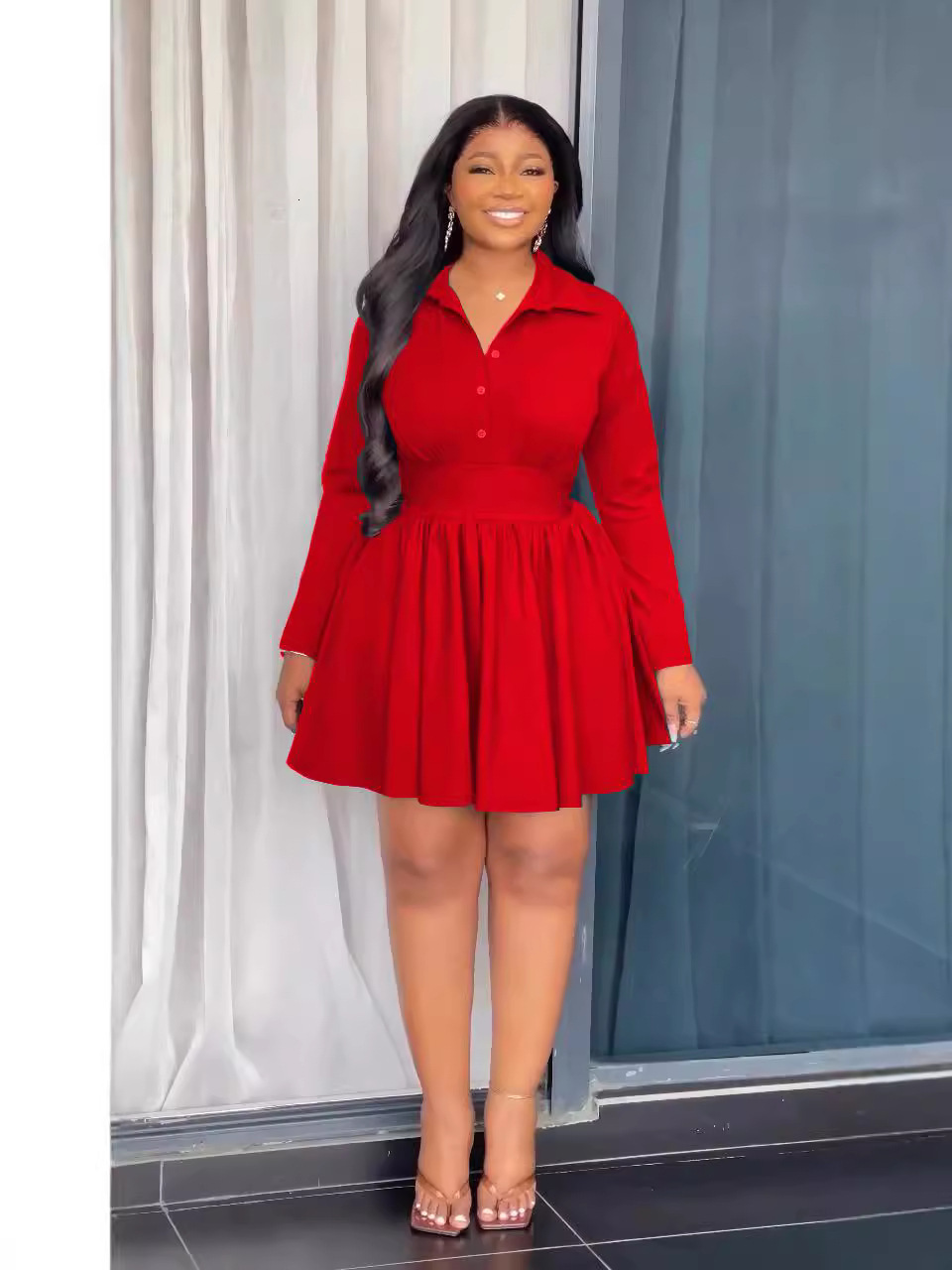 Womens Fashionable Elegant Collared Buttoned Pleated Ruffle Long Sleeve Dress