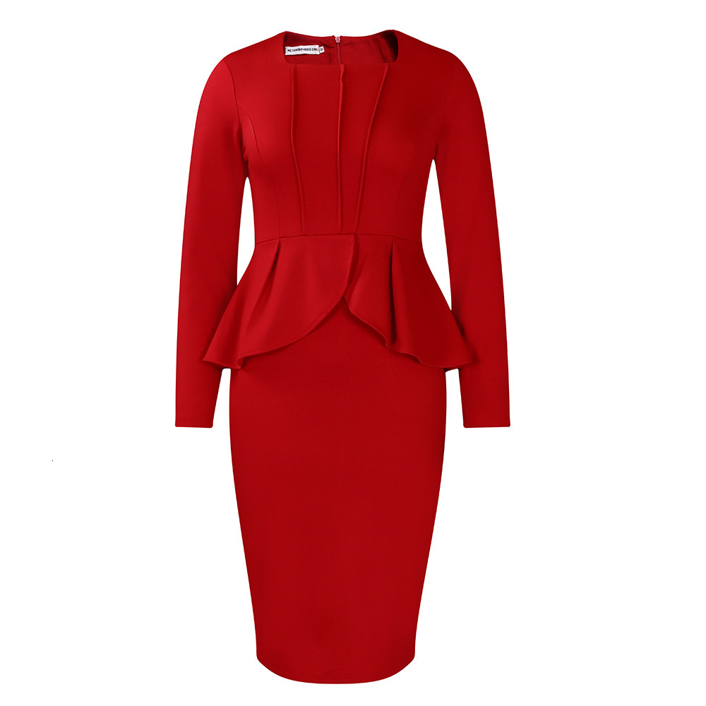 D444 Plus Size Womens Clothing Autumn Winter New Long Sleeve OL Elegant Ruffle Dress