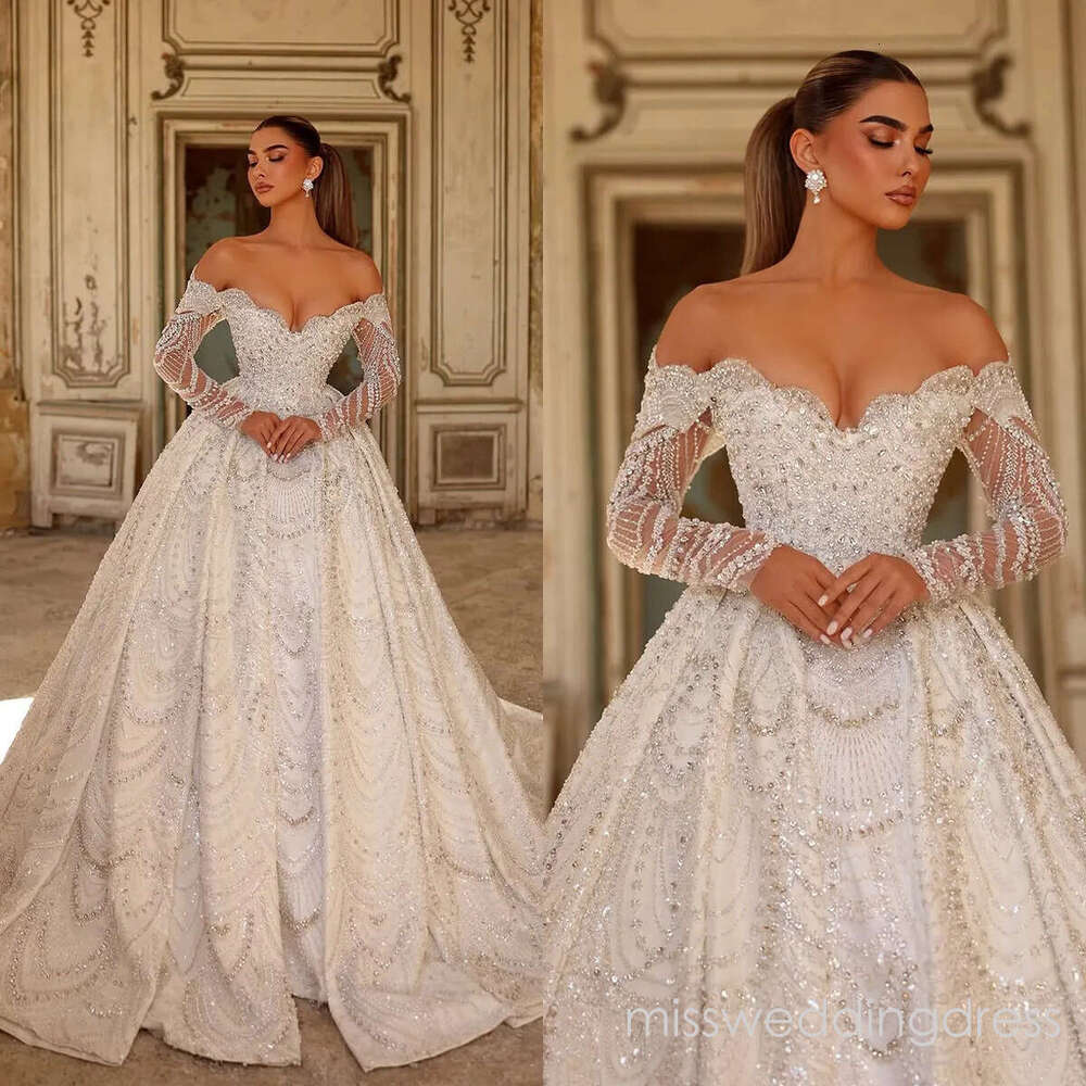 Luxury Wedding Dresses Crystal Sequins Bridal Ball Gowns Off Shoulder Pearls Rhinestone Long Sleeves Princess Customized Bride Vestidos De Novia Plus 