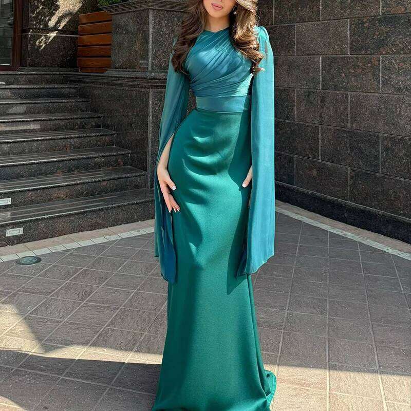 Fashion Satin Solid Robe Ladies Temperament O-neck Slim Evening Elegant Batwing Sleeves High Waist Pleats Long Dress C260312