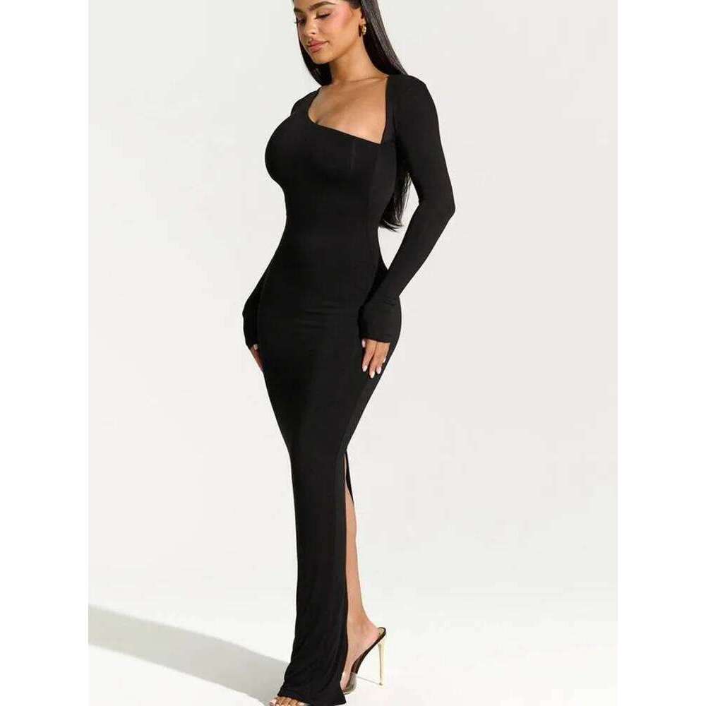 Spring Fashion Women's Black Split Evening Irregular Neck Long Sleeve Slim Dress Solid Color Elegant Bodycon C260312