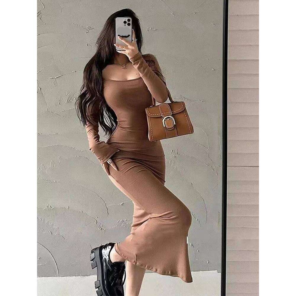 Ribbed Solid Sleeve Square Neck Skinny Bodycon Dress Women Autumn Sexy Evening Party Elegant Vestido Ladies Long Dresses C260312