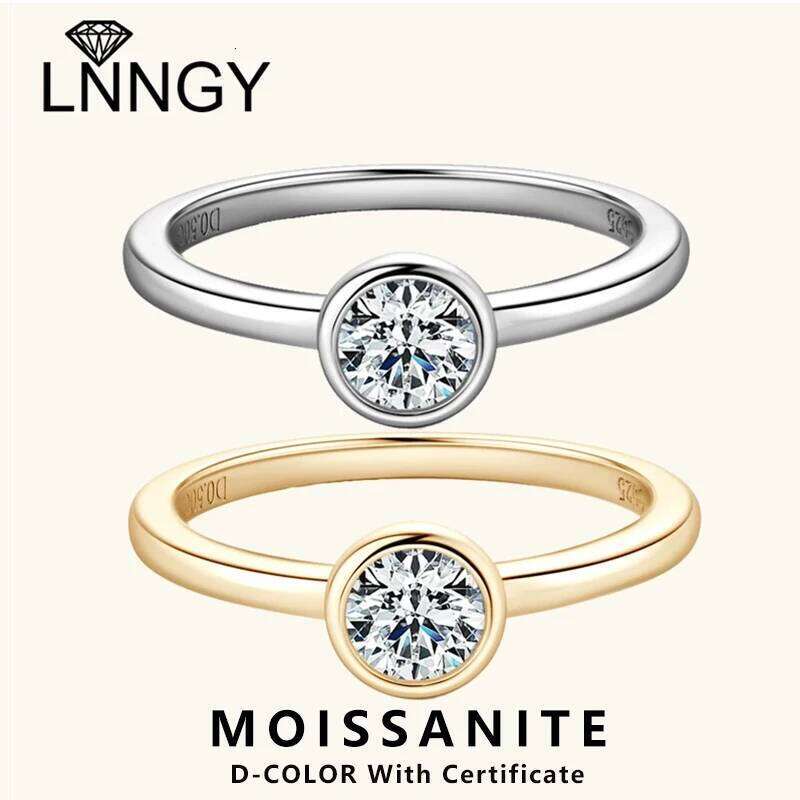 Lnngy 5mm 0.5ct Bezel Moissanite Ring 925 Sterling Silver Wedding Band for Women rs' Engagement Promise Rings Jewelry Gift H260312