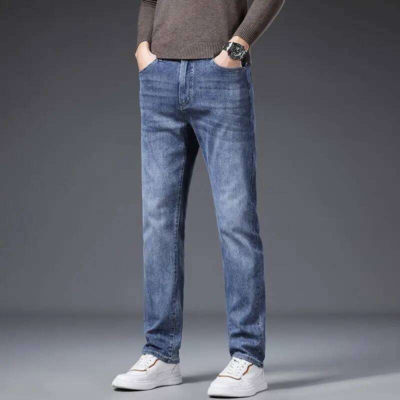 Korean Fashion Men's Soft Stretch Slim Fit Jeans Business Casual Straight Denim Pants Classic Brand Washed Blue Gray Trousers 26Y0312