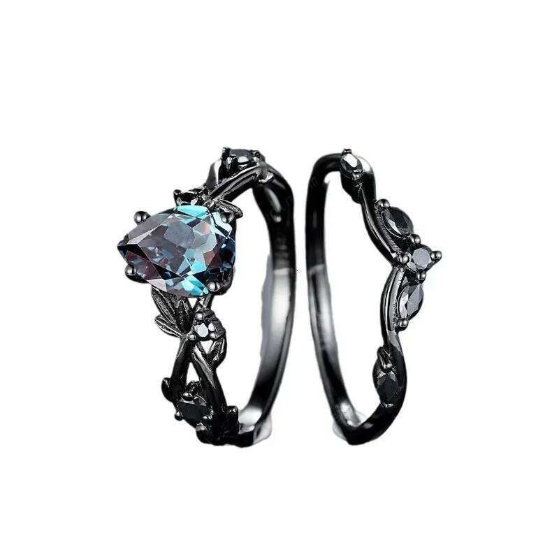 European and American fashion gun black inlaid sea blue zircon women's ring H260312