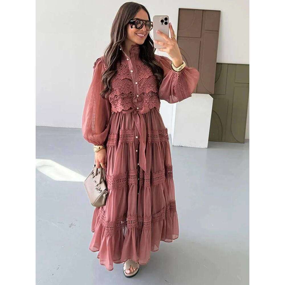 Elegant Hollow Out Women's Long Dresses Lantern Sleeves Lace Up Pearl Single Breasted Dress 2025 Spring Summer Female Solid Robe C260311