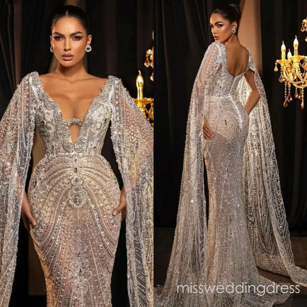 Luxury V Neck Wedding Dresses Beading Pearls Bridal Gowns Sequins Crystal Illusion Mermaid Customized Princess Backless Bride Dress Vestidos De Novia