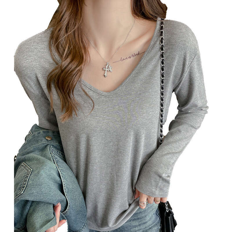 Premium Gray Long-Sleeve T-Shirt For Women, Autumn And Winter, V-Neck, Loose, Casual, Versatile, Suitable As A Base Layer