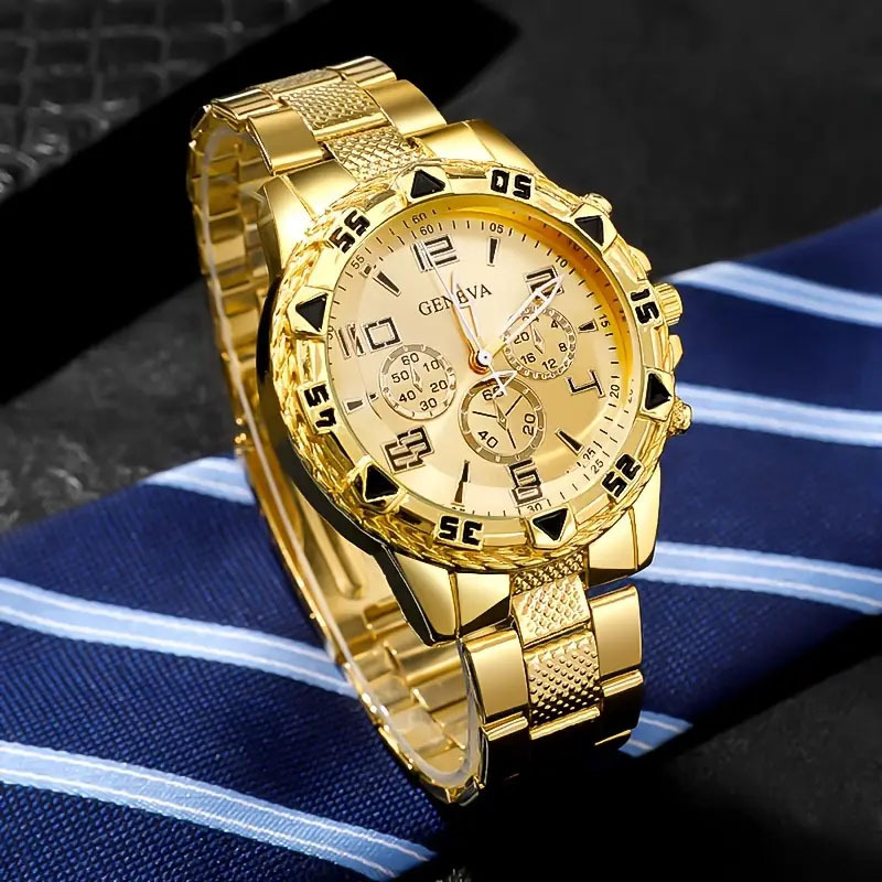 Trendy men's watch, steel strap quartz watch, fashionable blue light glass men's three-hand watch