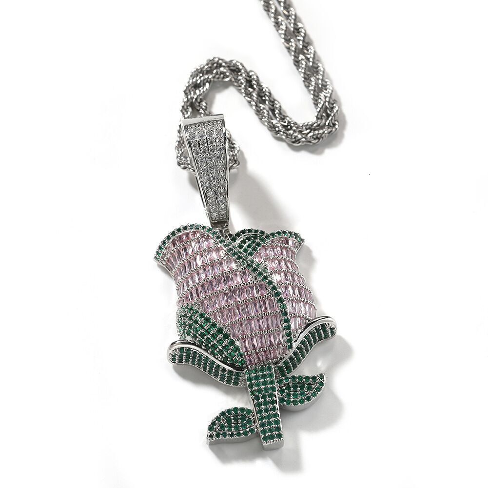 New Arrival Sparkling Full Diamond Rose Pendant Necklace with Moissanite, Men's Hip Hop Rap Jewelry