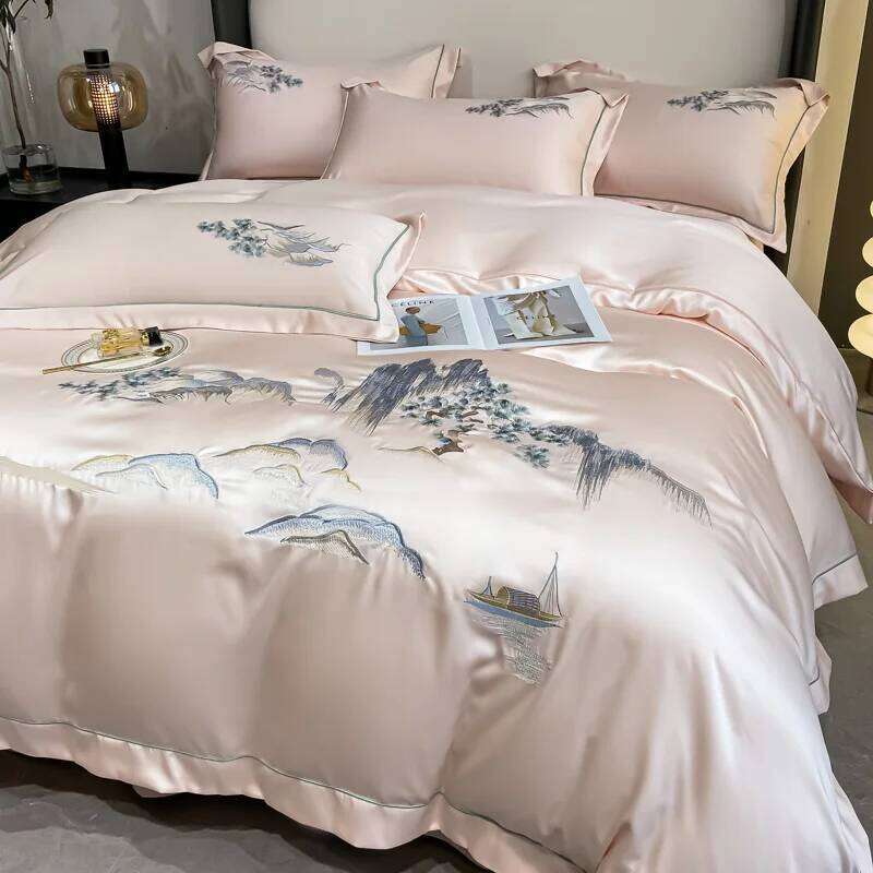 4Pcs New Chinese Style Landscape Embroidery Bedding Silky Duvet Soft Quilt Cover Set Bed Sheet Pillowcases H260312