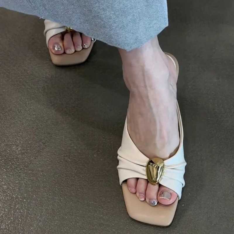 Designer Thick Heel Summer Women Slippers FAshion Metal Decoration Open Toe Dress Slides Ladies Stripper Party Sandals K260312