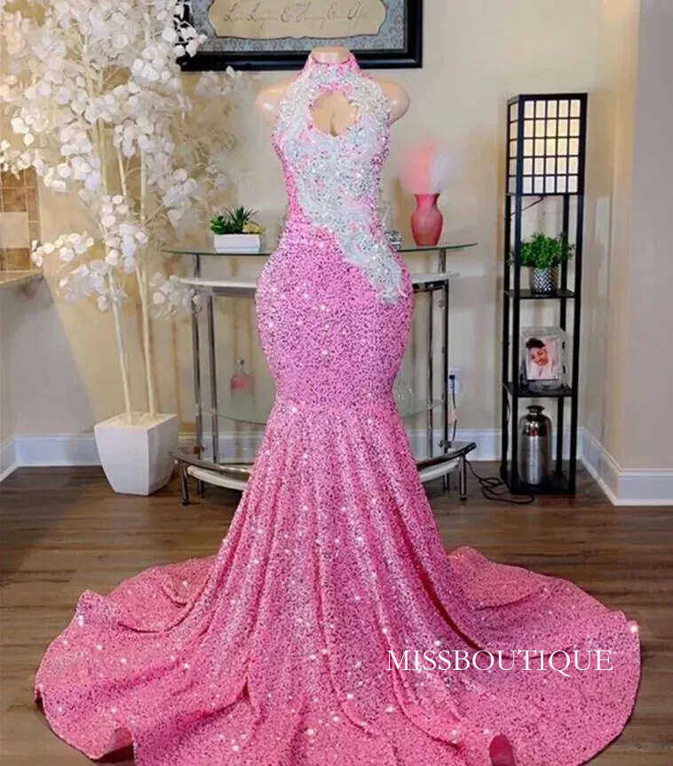Sparkke Pink Sequined Prom Dresses 2024 New Sexy Mermaid Sequins Evening With Silver Appliques Teen Black Girls Graduation Special Occasion Gowns Bc18