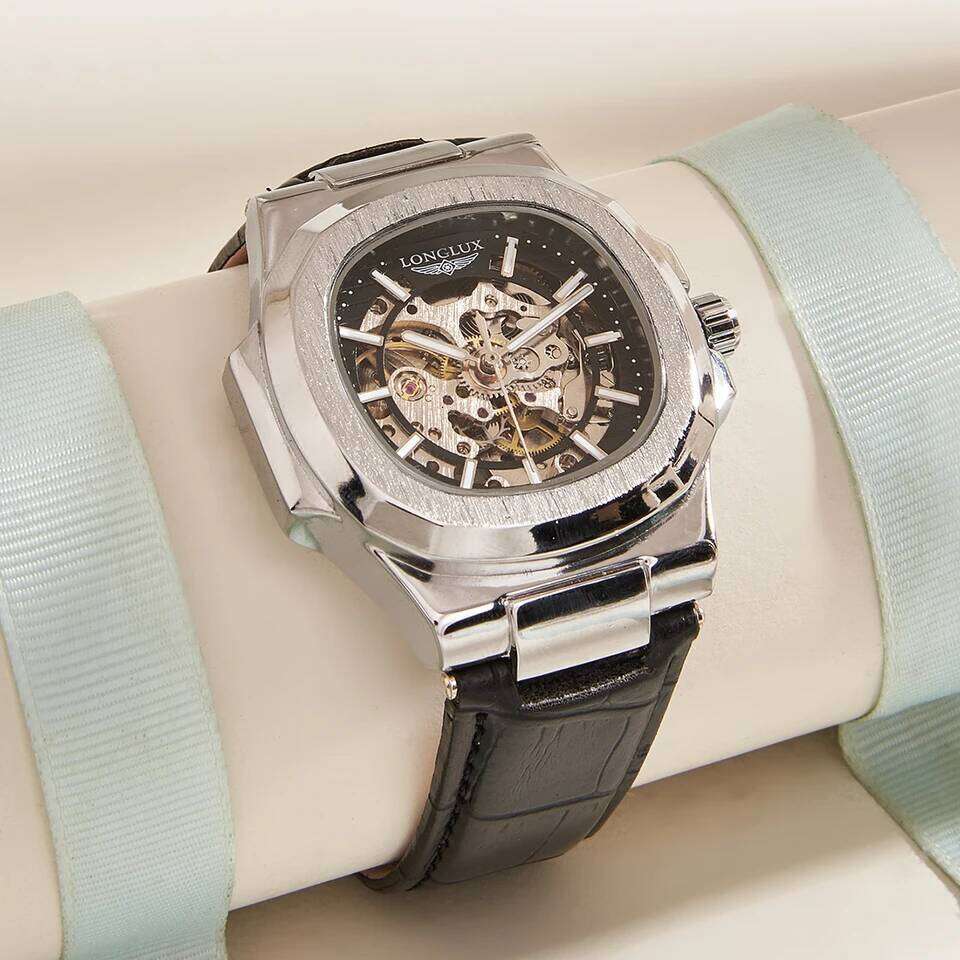 LONGLUX automatic mechanical outdoors simple luxury watches waterproof cheap wholesale skeleton leather mens watch gift