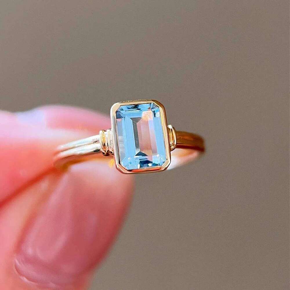 Refined S925 Sterling Silver Gold Plated Casual Aquamarine Ring Women Rectangular Material Easiest For Match H260312