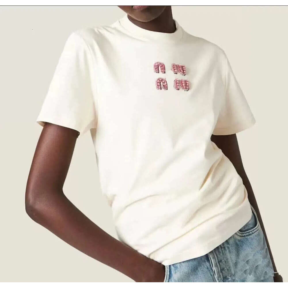 Miu Designer T Shirt Summer Short Sleeve Women Tshirt Stylish Casual Diamond Set Pullover T Miu Shirt Outdoor Diamond Embroidery Loose Plus Size Cotton Tee Tops 2F9