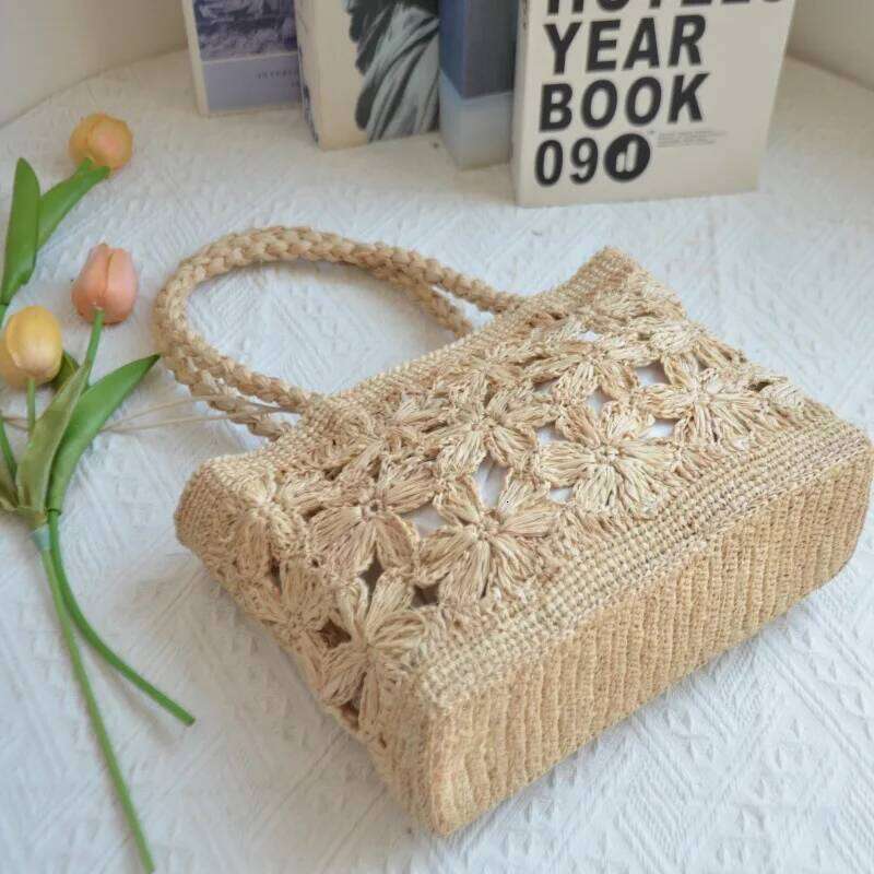 Bohemian Flower Straw Tote Hollow Floral Beach Bags For Women Handbag Handmade Woven Shoulder Bag Summer Travel Shopper NEW WONST