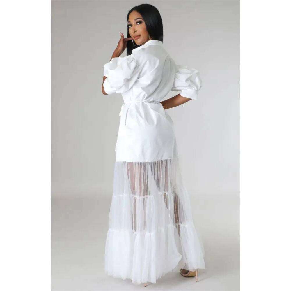 Fashionable White Short Sleeve Dresses For Women'S Summer New Elegant Lace-up Pocket Lace Shirt Long Dress Female C260311