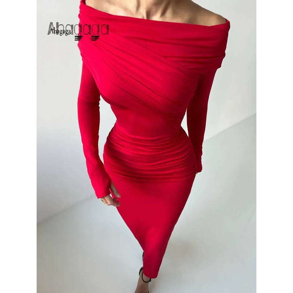 Ahagaga Elegant Fashion Sexy Maxi Dresses Streetwear Off Shoulder Casual Long Sleeve Slim Bodycon Party Vestidos Robes Female C260311