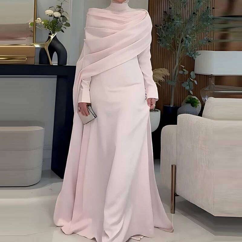 Women's Casual Sleeve Draped Gowns Elegant Cape Design Long Dresses Fashion Stand Collar Irregular Floor Length Dress C260311