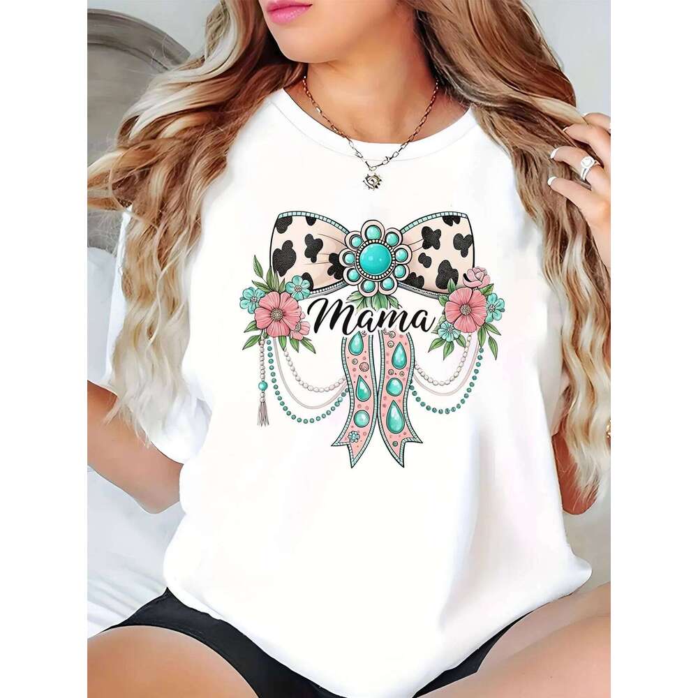 Women's Mother's Day Leopard Bow Floral Print T-Shirt Z260312