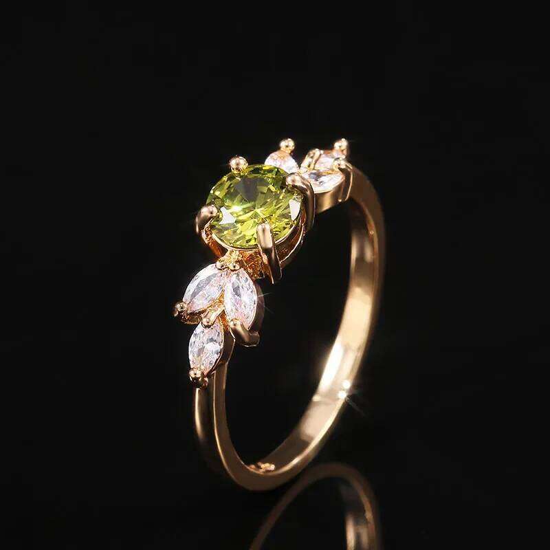 Huitan Delicate Women Wedding Ring Olive Green Round Zircon with Leave Shape Elegant Gold Color Girl Gift Rings Trendy Jewelry H260312