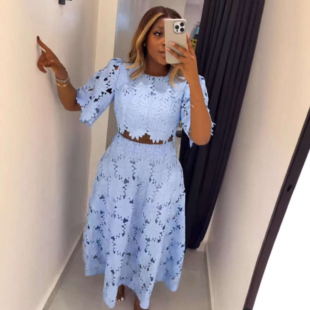 2026 New Summer Hollowed-out Lace Skirt Two-piece Set Elegance Pullover Short Top+Long Skirt Fashion Casual Suit Women's Dresses