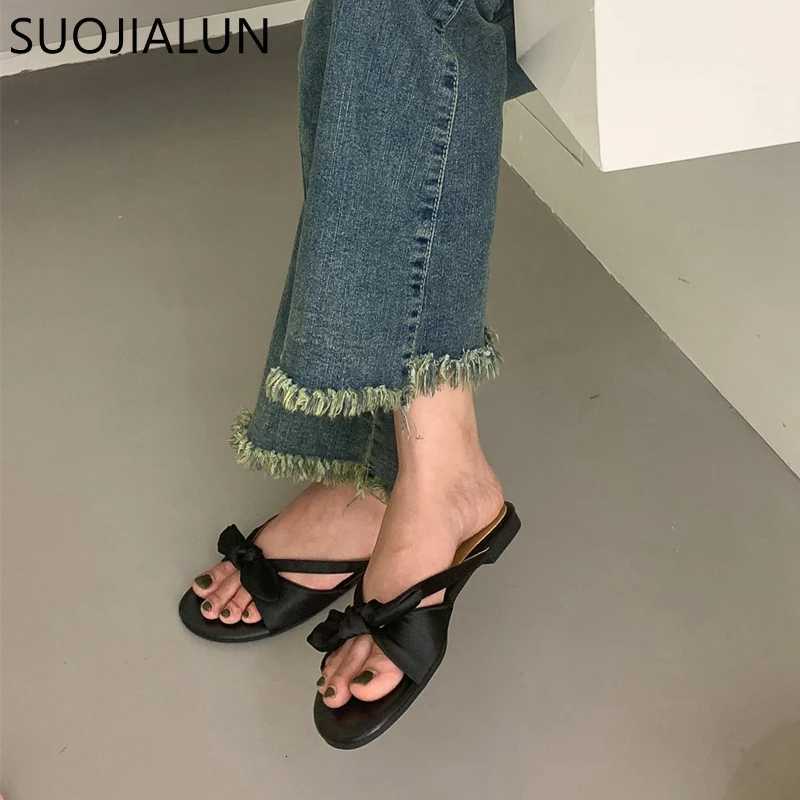 SUOJIALUN 2023 Summer New Women Slipper Fashion Bow-knot Slip On Ladies Sandal Shoes Flat Heel Outdoor Casual Dress Slide K260312
