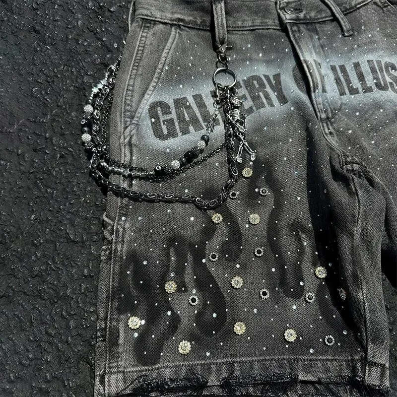 Men's Jeans Fashion Distressed Retro Rhinestone Flame Pattern Printing Casual Washed Denim Shorts Men Women High Waist Streetwear Men's Clot
