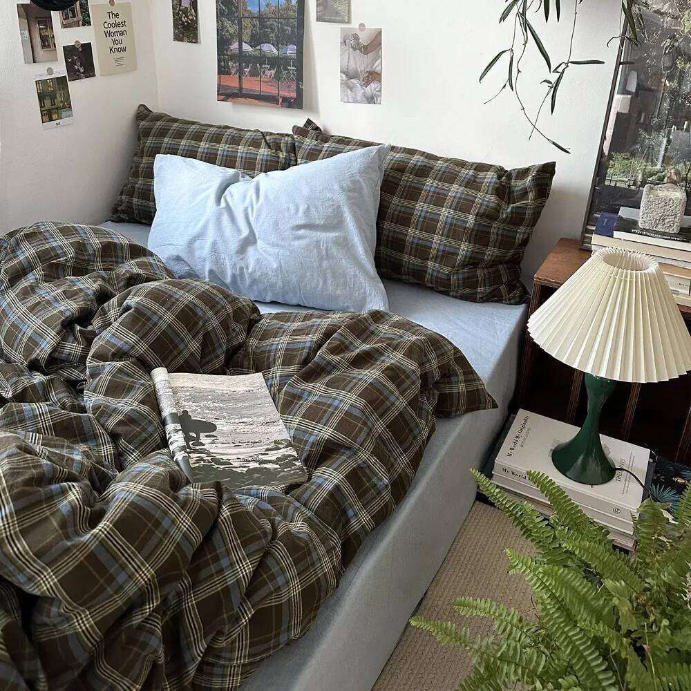 Queen Size Blue, Brown & Green Buffalo Plaid Duvet Cover Set - 3 Piece Vintage Aesthetic Bedding Set, 100% Washed Cotton, M H260312