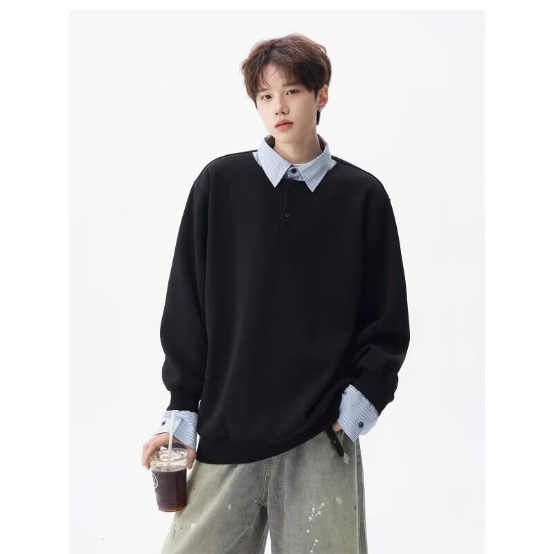 Two-tone Fake Two-piece Sweatshirt With Shirt Collar Unisex Autumn Long-sleeve Stylish Design Designer Hoodie Loose Fit Couple's Style Top