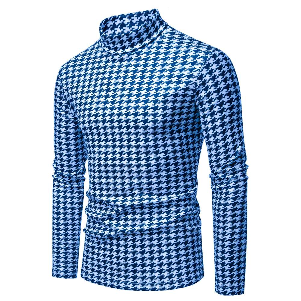 Spring and Autumn Turtleneck Houndstooth Fleece Pullover Fashion Casual High Elasticity All-match Men's Shirt