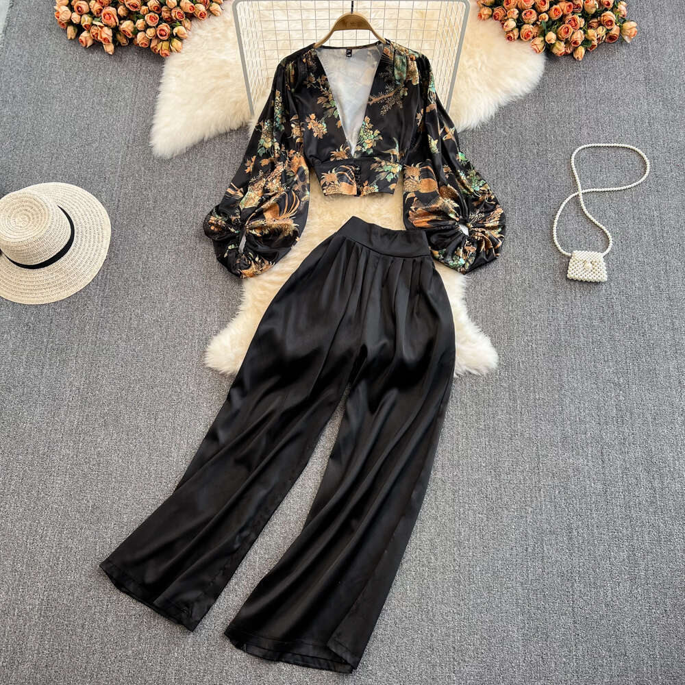 Light and mature style women's fashion A15 suit elegant V-neck lantern sleeve printed shirt with high waisted wide leg pants