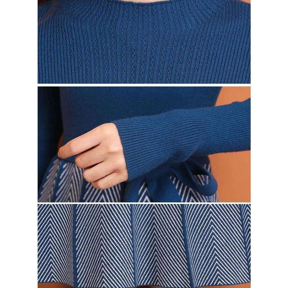 Women Elegant Knitwear Knee Length Vestidos Korean Stripe Knitted Midi Dresses With Belt Spring Fall Slim Long Sleeve Elbise New C260312