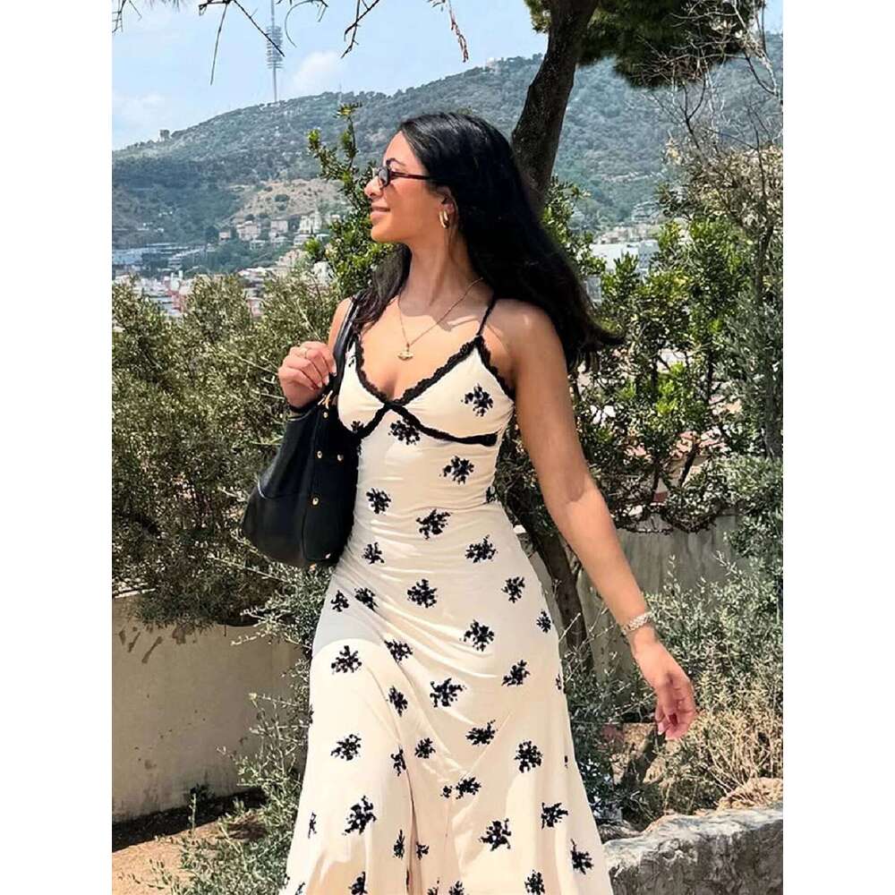 Dulzura Summer Fashion Sexy Backless Lace Patchwork Irregular Print Suspender Long Elegant Women'S Dress Party Club Outfit C260311