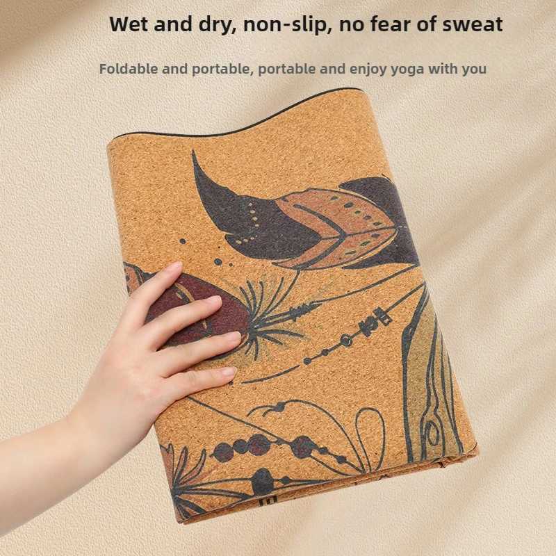 Sport Yoga Mats Cork Surface Non-Slip Pad Thickened Shock-Absorbing Rubber Base Foldable for Men Home Gym Travel M260312