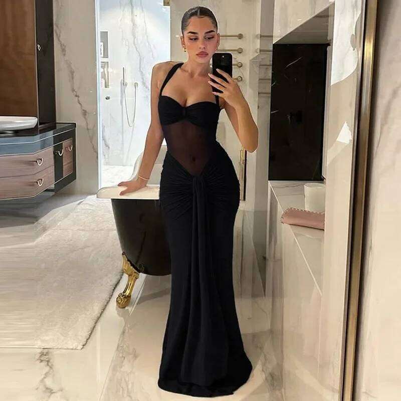Sexy Strapless Halter Long Fashion Bandage Mesh Splice Autumn New Streetwear Evening Party Women's Dress C260312