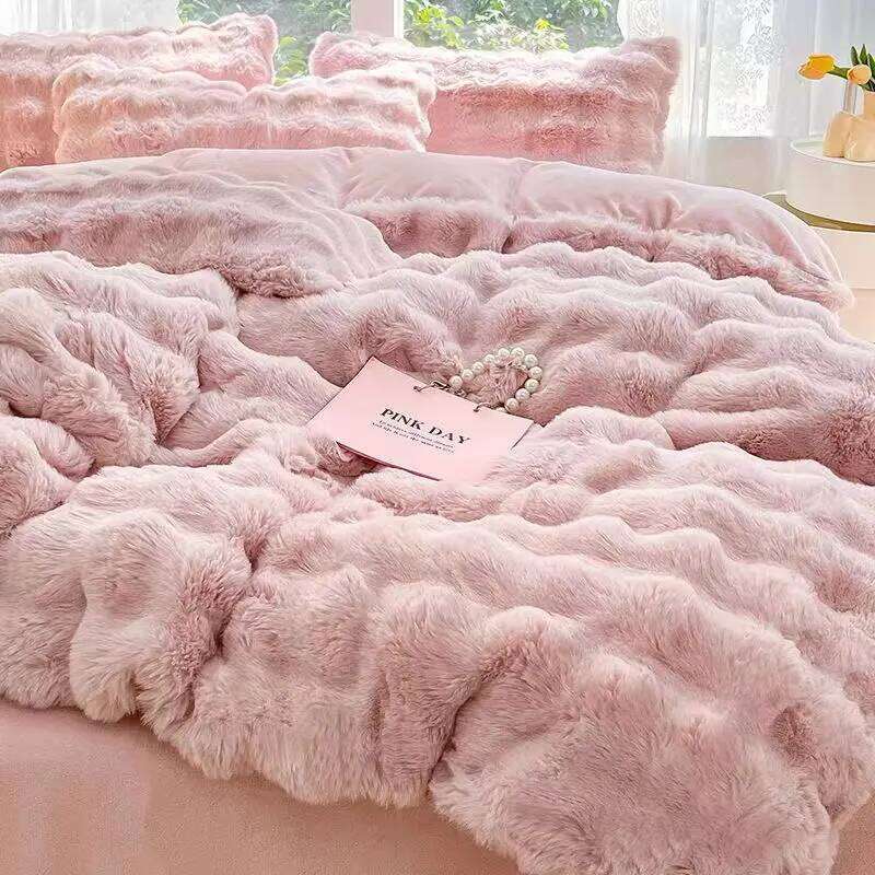 Thickened High-end Milk Four-piece Rabbit Bed Skirt Quilt Cover Winter Flannel Double-sided Fleece Bedding Set H260312