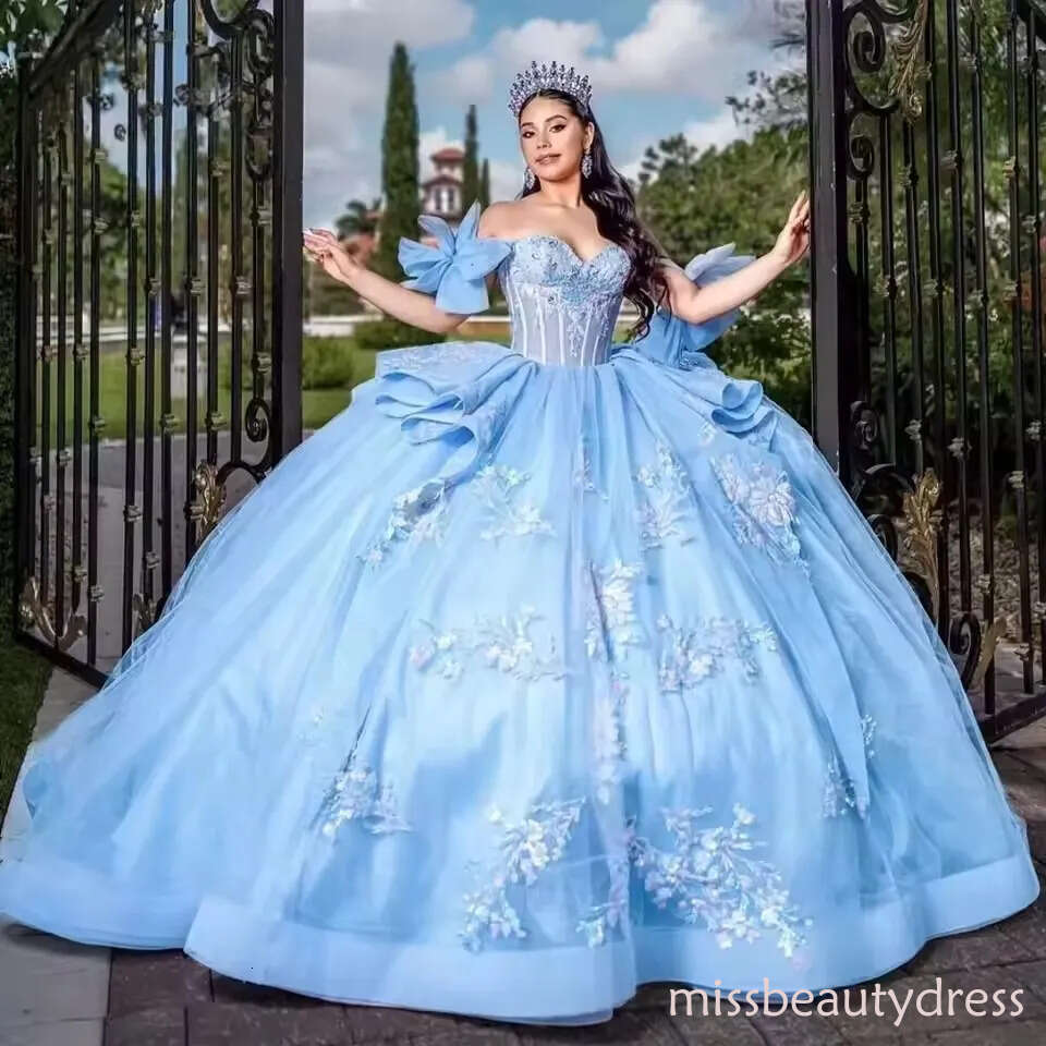 Princess Sky Blue Quinceanera Dress for Girls Off-Shoulder Corset Ball Gown Applique Customizable 15th Birthday Vestido De