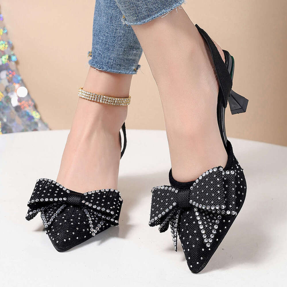 Petite Elegant Rhinestone Pointed Toe Bow High Heels Women Summer New Thin Heel Export Closed-Toe Sandals Size 43