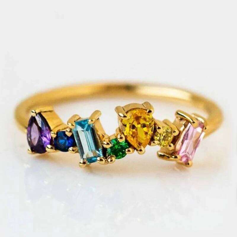 Huitan Trendy Rainbow Rings for Women Paved Geometric Colored Cubic Zirconia Modern Design Wedding Band Party Jewelry Fancy Gift H260312