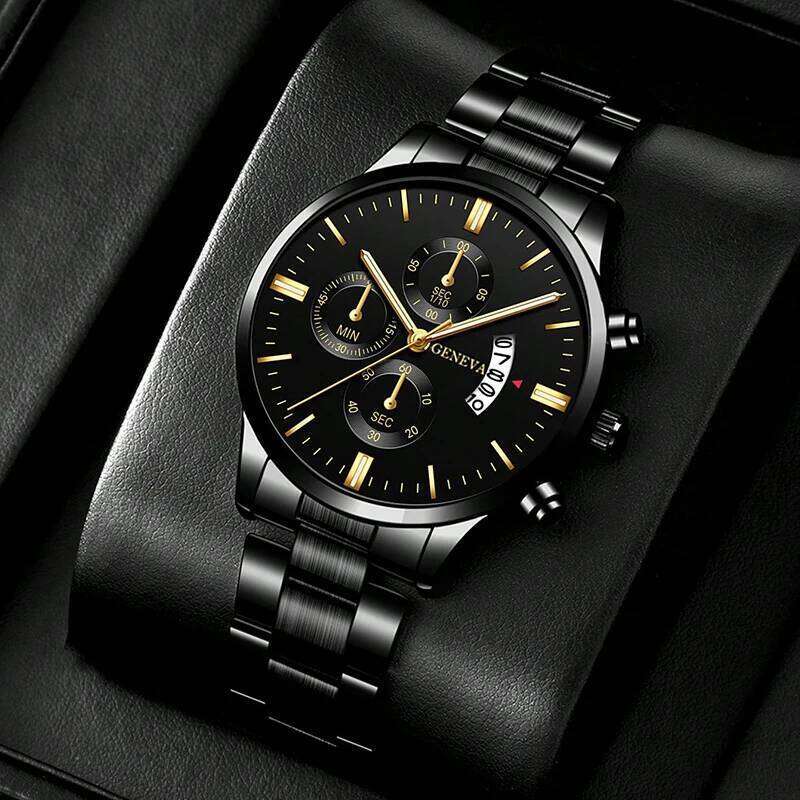 2pcs Fashion Men's Casual Business Sports Stainless Steel Quartz Wristwatch Calendar Male Classic Bracelet Set Luminous Clock