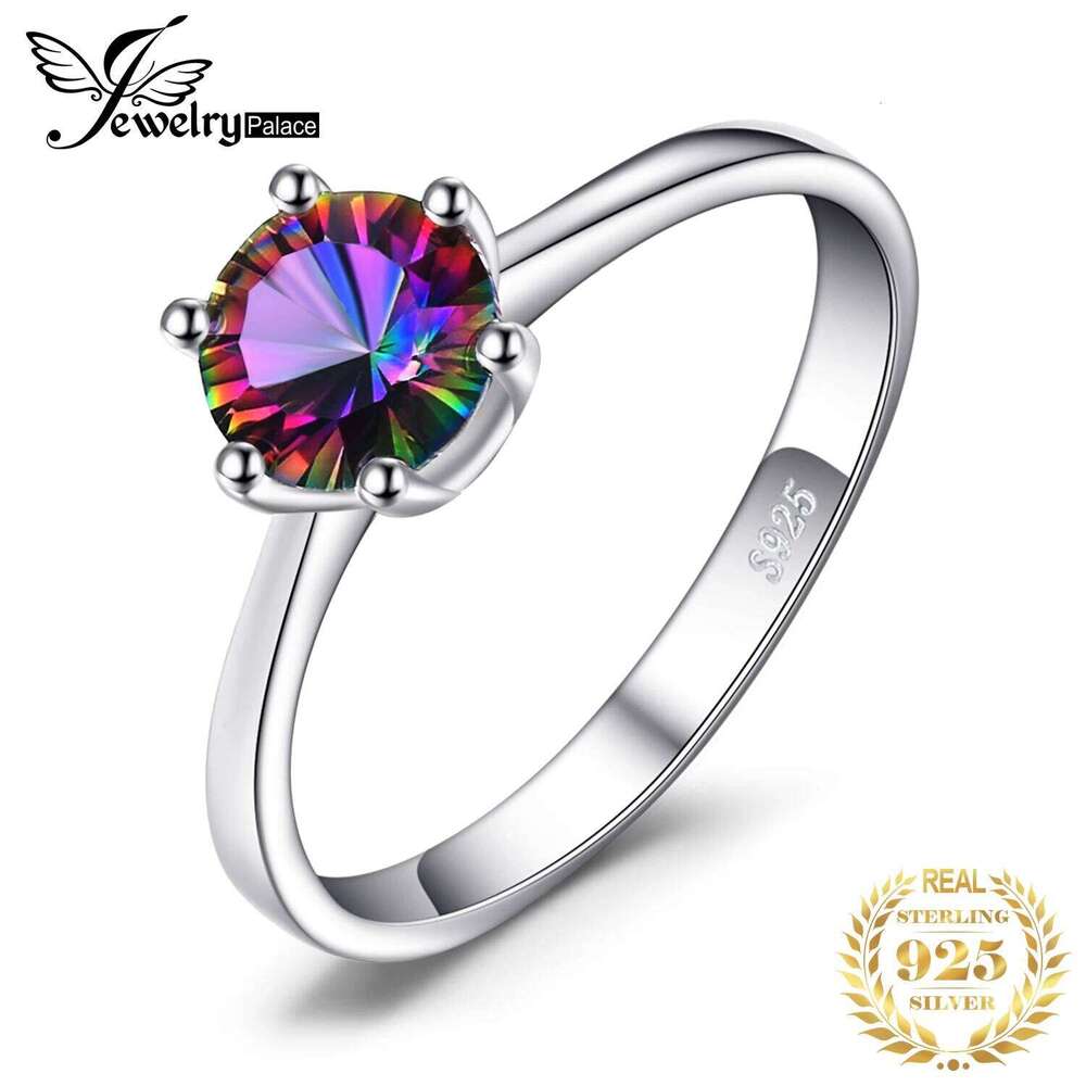 JewelryPalace Natural Rainbow Mystic Quartz 925 Sterling Silver for Women Solitaire Gemstone Jewelry Engagement Ring H260312