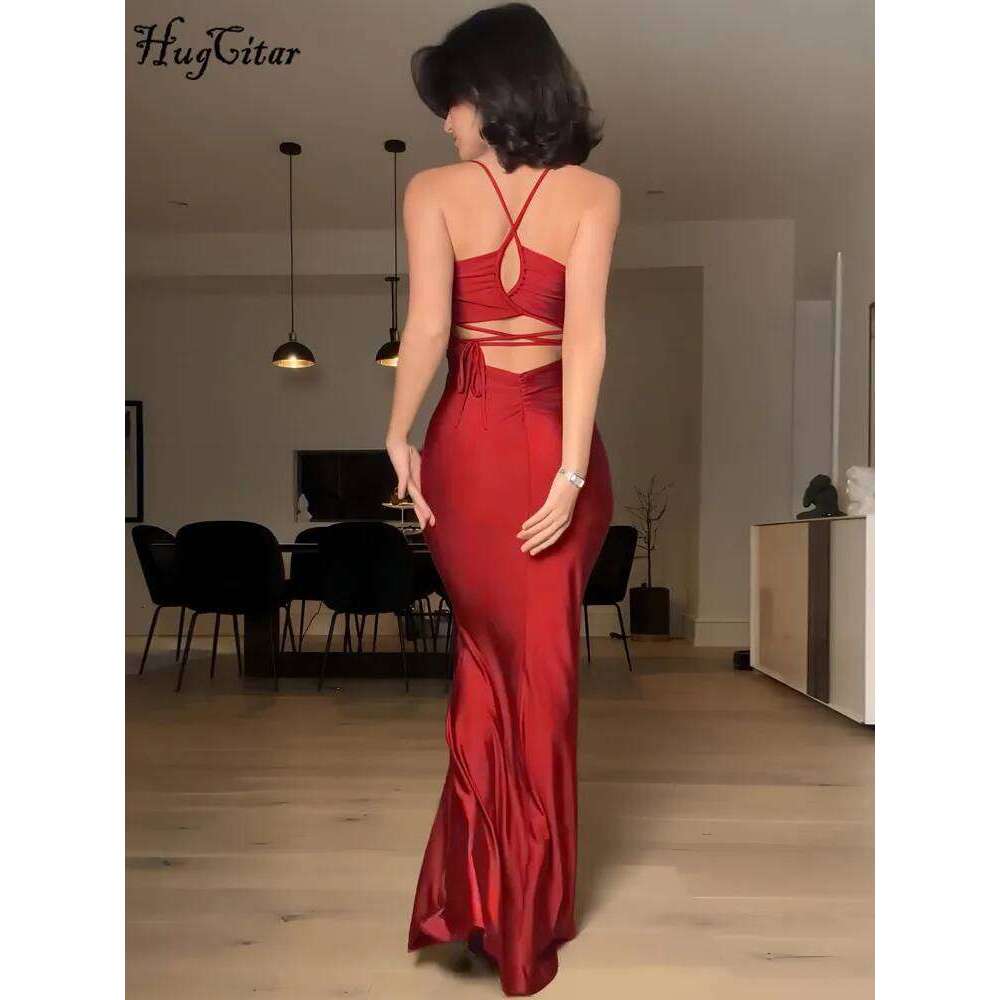 Hugcitar 2024 Spring Solid Slips Backless Draped Bandage Sexy Slim Maxi Prom Dress Women Elegant Clothes Party Birthday Festival C260312
